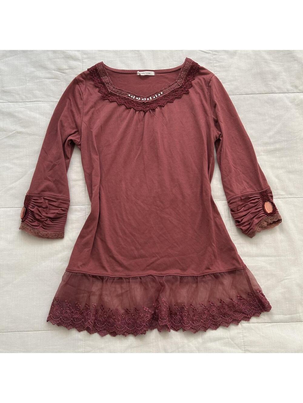 Axes Femme Burnt Orange Lace Trim Top Coquette Himekaji Size M Japan